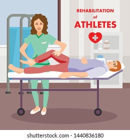 Rehabilitation Leg Massage Physio Therapy by Professional Masseur Advertising Poster. Man Lying on Stretcher in Physiotherapeutic Cabinet. Female Therapist Massaging Patient Foot. Vector Illustration