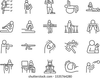 Rehabilitation line icon set. Included icons as recovery, Physical therapy, Nursing Home, therapist, hospital, physiology and more.
