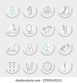 Rehabilitation line icon set, therapy symbols collection, vector sketches, neumorphic UI UX buttons, physiotherapy signs linear pictograms