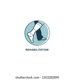 Rehabilitation logo vector. Recovery after injury emblem. Foot in plaster logo