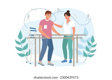 Rehabilitation medicine concept with people scene in the flat cartoon design. A nurse helps a patient to rehabilitate after a serious injury. Vector illustration.