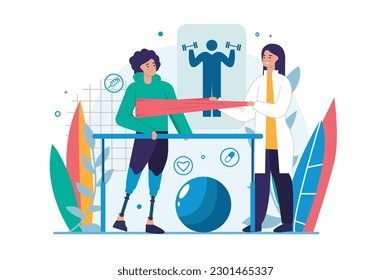 Rehabilitation medicine concept with people scene in the flat cartoon style. The doctor helps the patient to do exercises for faster rehabilitation after the injury. Vector illustration.