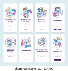 Rehabilitation onboarding mobile app page screen with concepts set. Addiction types walkthrough 5 steps graphic instructions. UI, UX, GUI vector template with linear color illustrations