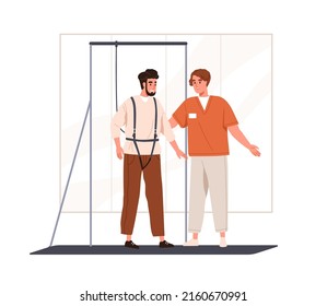 Rehabilitation Of Patient With Disability. Physiotherapist Teaching To Walk, Man In Support Equipment Learning, Relearning After Injury. Flat Vector Illustration Isolated On White Background