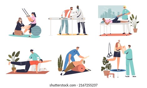 Rehabilitation people after illness set. Man and woman with physical injury exercising at medical orthopedic center with doctor help. Healthcare and physiotherapy. Cartoon flat vector illustration