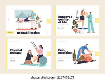 Rehabilitation and physical therapy concept of landing pages set with people at rehab after illness. Cartoons exercising at medical orthopedic center with doctor help. Flat vector illustration