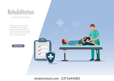 Rehabilitation, physiotherapy concept. Physiotherapist assist patient leg recovery from orthopedic problem. Physical therapist, medical healthcare from trauma or injury.