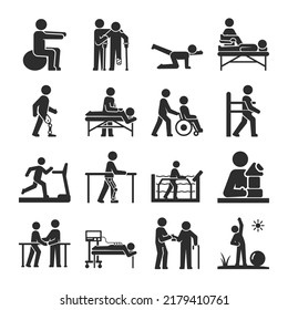 Rehabilitation, physiotherapy, people icons set. Restoring the body after an injury. People do exercises and physical therapy procedures. Treatment at the clinic.