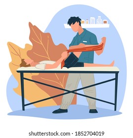 Rehabilitation process after injuries or limbs fractures. Health care special treatment and massage for muscles. Exercises for patient done by masseur. Relax and training. Vector in flat style
