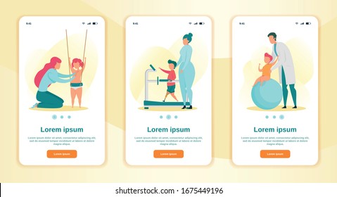 Rehabilitation Program For Disabled Children. Professional Physician And Loving Parent Helping Kid With Special Need To Recover Through Therapeutic Exercise. Three Phone App Landing Page Template.