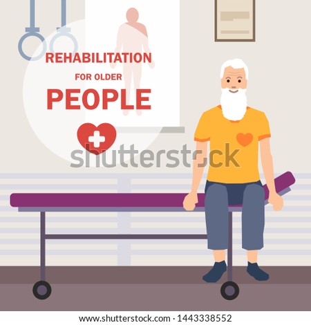 Rehabilitation Program and Physiotherapy Treatments for Elderly Patients. Flat Cartoon Advertising Banner. Old Man Sitting on Stretcher. Vector Health Care Facility Interior Illustration