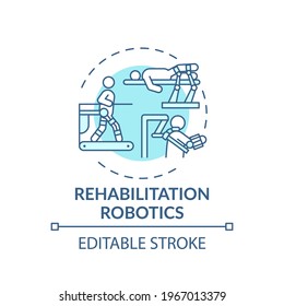 Rehabilitation Robotics Concept Icon. Rehabilitation Engineering Idea Thin Line Illustration. Robotic Devices. Physiological Limb Activation. Vector Isolated Outline RGB Color Drawing. Editable Stroke