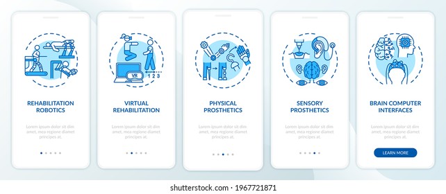 Rehabilitation robotics onboarding mobile app page screen with concepts. Sensory prosthesis walkthrough 5 steps graphic instructions. UI, UX, GUI vector template with linear color illustrations