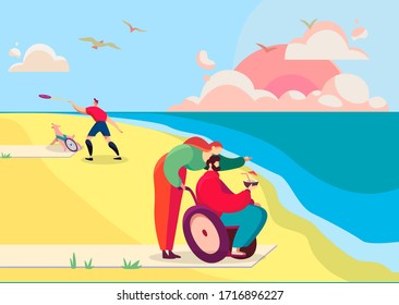Rehabilitation at seaside resort for disabled people, vector illustration. Man in wheelchair on ocean beach with assistant. Healthcare recreation center for disabled people, rehabilitation resort