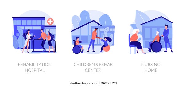 Rehabilitation service and support, medical recovery programs. Rehabilitation hospital, children rehab center, nursing home metaphors. Vector isolated concept metaphor illustrations.