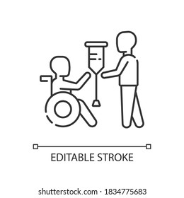 Rehabilitation services linear icon. Physical therapy. Medical care. Physiatry. Thin line customizable illustration. Contour symbol. Vector isolated outline drawing. Editable stroke