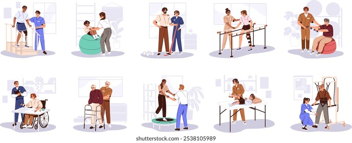 Rehabilitation set. People do physiotherapy with nurse for recovery mobility. Physiotherapist helps patients by physical therapy treatment. Flat isolated vector illustrations on white background