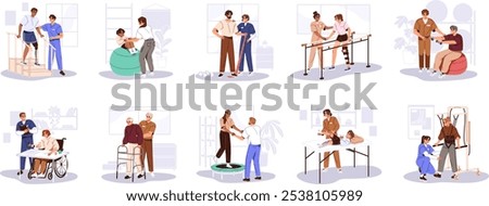 Rehabilitation set. People do physiotherapy with nurse for recovery mobility. Physiotherapist helps patients by physical therapy treatment. Flat isolated vector illustrations on white background