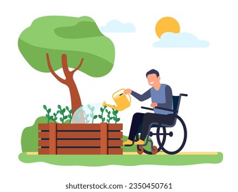 Terapia de rehabilitación para pacientes discapacitados. Hombre en plantas para regar sillas de ruedas. Jardineros discapacitados cultivando plántulas. Hombre herido trabajando en el jardín. Discapacidad de salud