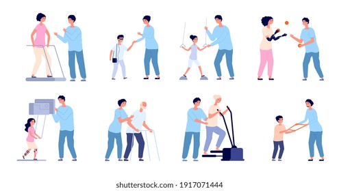 Rehabilitation and therapy. Health exercising, wellness clinic after injury. Physiotherapist care, doctor and exercise equipment utter vector set