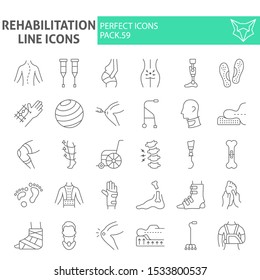 Rehabilitation thin line icon set, therapy symbols collection, vector sketches, logo illustrations, physiotherapy signs linear pictograms package isolated on white background, eps 10.