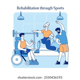 Rehabilitation through Sports concept. Disabled individuals engaging in sports activities for physical therapy. Training, teamwork, inclusivity in fitness. Vector illustration.