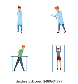 Rehabilitation treatment icons set cartoon vector. Doctor and patient character. Healthcare concept