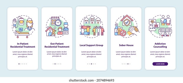 Rehabilitation types onboarding mobile app page screen with concepts. Residential treatment walkthrough 5 steps graphic instructions. UI, UX, GUI vector template with linear color illustrations