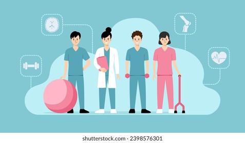 Rehabilitations team in healthcare industry. PM and R doctor, Physiotherapists, Nurse, Physiotherapist assistant. Character flat design. Vector illustration