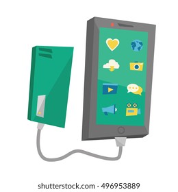 Recargar el smartphone de la ilustración de diseño plana del vector de batería portátil aislado en el fondo blanco.