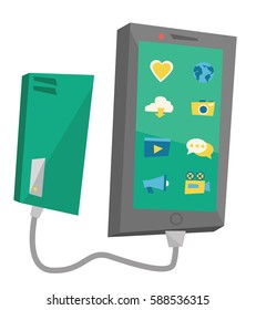 Recargar el smartphone de la ilustración de diseño plana del vector de batería portátil aislado en el fondo blanco.