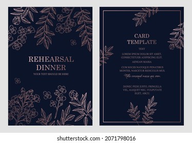 Rehearsal dinner elegant floral design template with rose gold linear flowers and leaves and navy background. Luxury vector illustration template for greeting card, invitation, engagement or business.