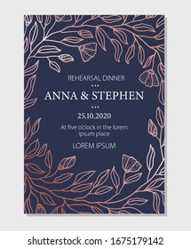 Rehearsal dinner elegant invitation with flowers vector illustration. Time and address information flat style. Luxury celebration and stylish design concept