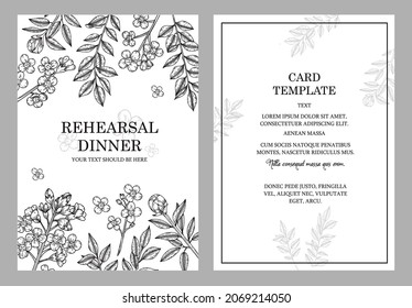 Rehearsal dinner floral design template with sketched flowers and leaves. Boho style vector illustration for dinner, greeting card template, invitation, engagement or business. Vector illustration