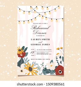 rehearsal dinner invitation with cute floral and string light background