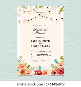 rehearsal dinner invitation with floral watercolor and string light background