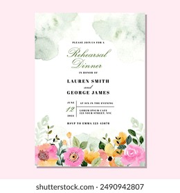 invitación de cena de ensayo con acuarela floral rosa amarilla