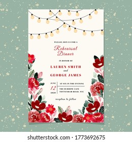 Rehearsal Dinner Invitation With String Light And Red Floral Watercolor