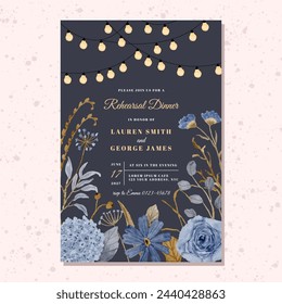 rehearsal dinner invitation with string light and vintage floral frame