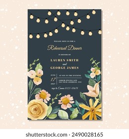 rehearsal dinner invitation with string light and yellow floral frame