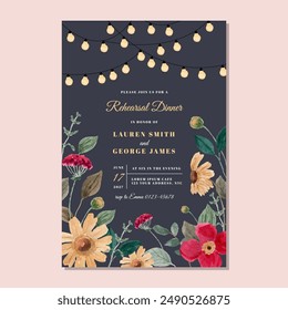 rehearsal dinner invitation with string light and floral garden watercolor