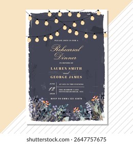 rehearsal dinner invitation with vintage string light and floral watercolor
