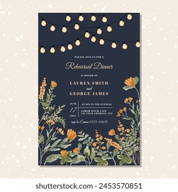 rehearsal dinner with string light and yellow orange floral watercolor