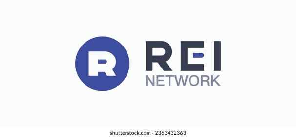 REI Network cryptocurrency REI Token, Cryptocurrency logo on isolated background with text.