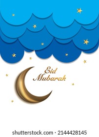 REid Mubarak posters or invitations design with 3d paper cut islamic stars and moon on gold and violet background. Vector illustration. Place for text. islamic background