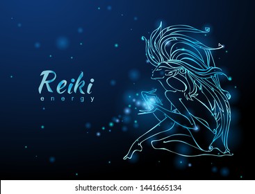 The Reiki Energy. The girl with the flow of energy. Meditation. Alternative medicine. Esoteric. Vector.