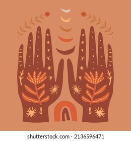 Ilustración del vector de manos mágicas de energía manual de Reiki. El concepto de arte de la medicina holística mágica. Enviando energía de curación de amor.