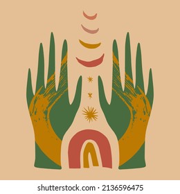 Reiki hand energy magical hands vector illustration. Magic holistic medicine art concept. Sending love healing energy.