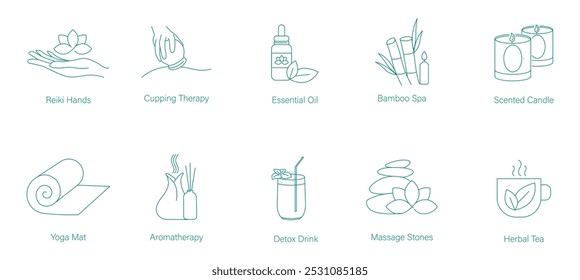 Reiki Hands, Cupping Treatment, Essential Oil, Bamboo Spa, Scented Candles, Yoga Mat, Aromatherapy, Detox Drink, Massage Stones, and Herbal Tea Vector Icons for Holistic Wellness