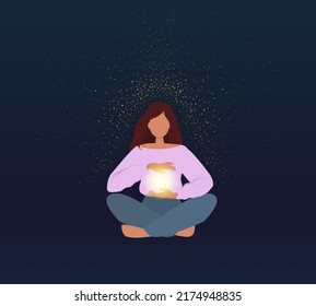 Reiki healing energy, woman in pose lotus, energy worker practicing with healing hands. Spiritual healing concept. Flat  vector illustration